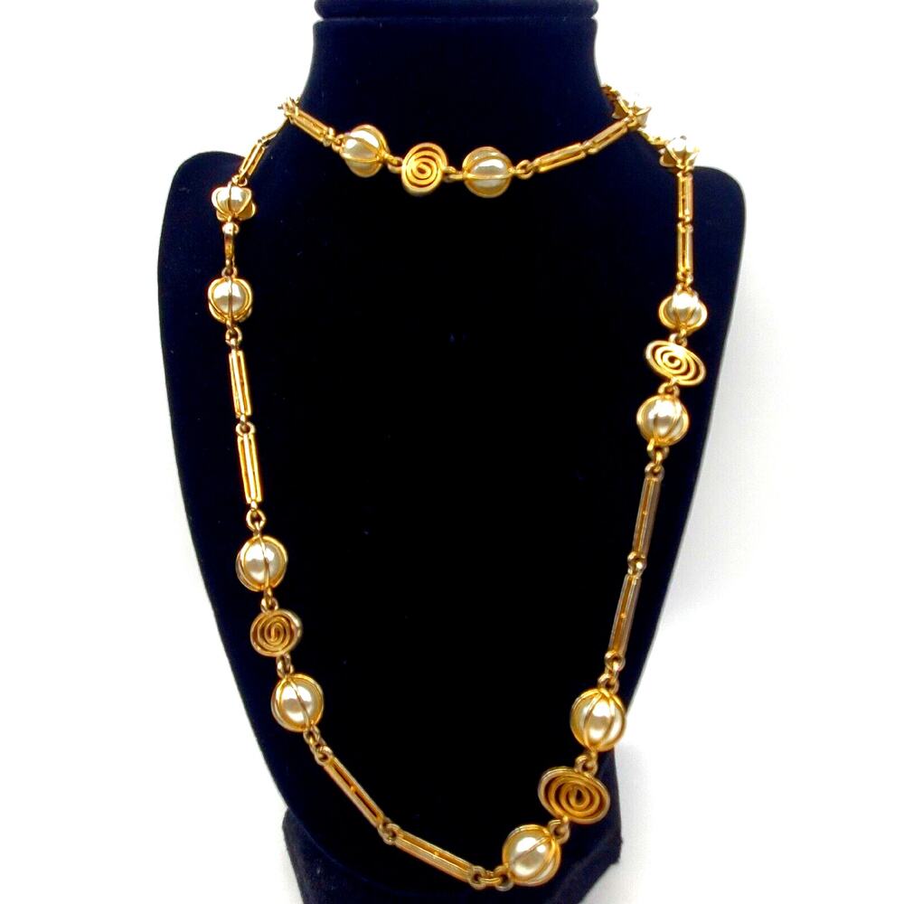 Gold Tone Faux Pearl Necklace Long Station Chain Spiral Link Scroll Vintage 70s